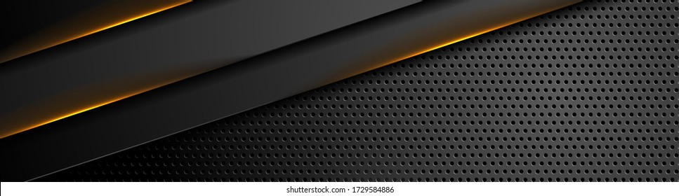 Futuristic perforated technology abstract background with orange neon glowing lines. Vector banner design