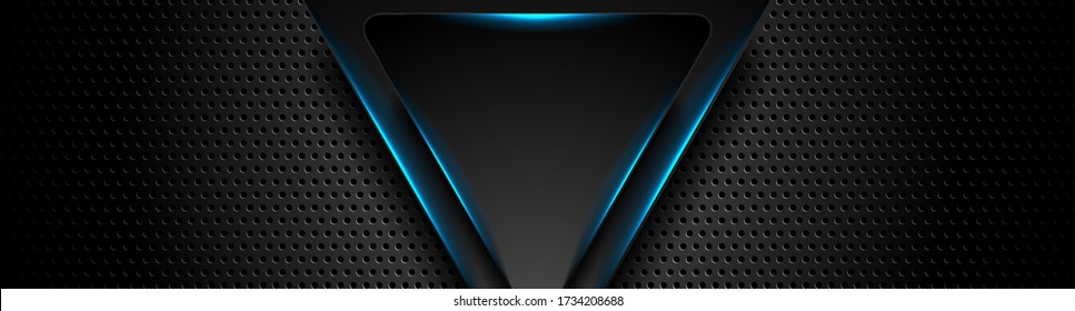 Futuristic perforated technology abstract background with blue neon glowing triangles. Vector banner design