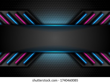 Futuristic perforated technology abstract background with blue purple neon glowing arrows. Vector concept design