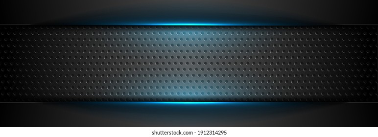 Futuristic perforated technology abstract background with blue neon glowing lines. Vector concept banner design
