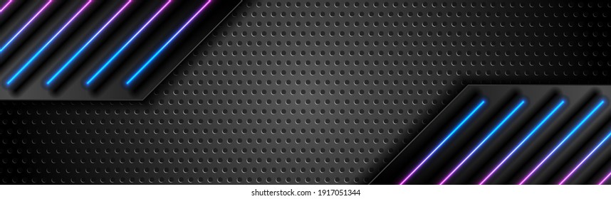 Futuristic perforated technology abstract background with blue purple neon glowing lines. Vector concept banner design