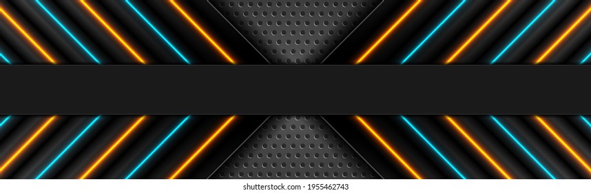 Futuristic perforated technology abstract background with cyan orange neon glowing arrows. Vector concept banner design
