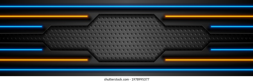 Futuristic perforated technology abstract background with blue orange neon glowing lines. Vector concept banner design