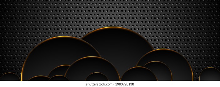 Futuristic perforated technology abstract background with orange neon glowing circles. Vector banner design