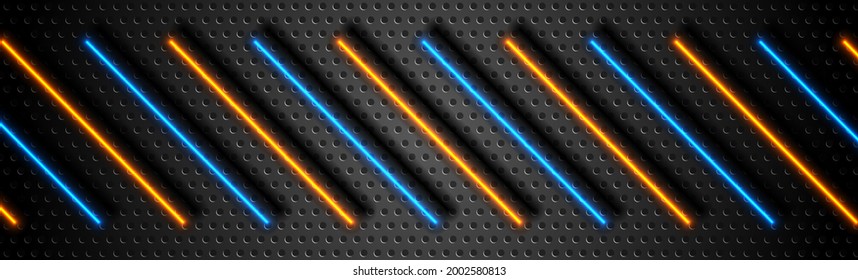 Futuristic perforated technology abstract background with blue orange neon glowing lines. Vector concept banner design