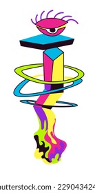 futuristic personage design, isolated doodle character with lines and geometric shapes. Pole and circles, rectangle and eye with eyelashes on top. Creature, vector in flat style illustration