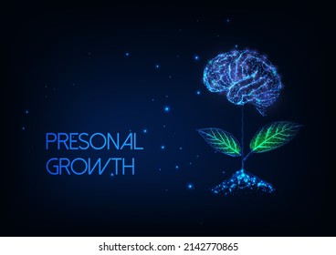 Futuristic Personal Growth Concept With Glowing Low Poly Plant With Brain As A Flower On Dark Blue