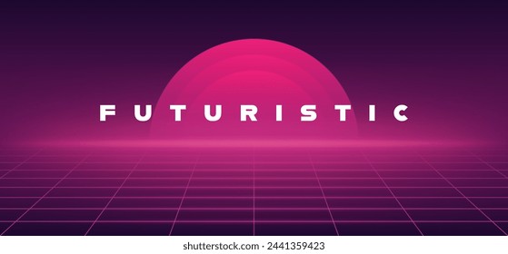 Futuristic perspective grid background. Abstract cyberpunk wireframe with pink grid line and sun on dark pink background with shiny and glowing effect. Virtual reality landscape in 80s 90s style.
