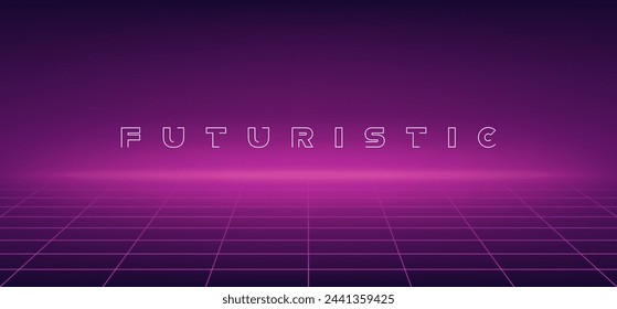 Futuristic perspective grid background. Abstract cyberpunk wireframe with pink grid line on dark purple background. Virtual reality landscape in 80s 90s digital style. Vector illustration.