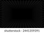 Futuristic perspective grid box. Abstract wireframe with white grid line on black background. Virtual reality landscape in 80s 90s digital style. Vector illustration.