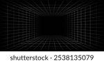 Futuristic perspective grid box. Abstract wireframe with white grid line on black background. Virtual reality landscape in 80s 90s digital style. Vector