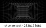 Futuristic perspective grid box. Abstract wireframe with white grid line on black background. Virtual reality landscape in 80s 90s digital style. Vector