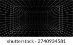 Futuristic perspective grid box. Abstract wireframe with white grid line on black background. 