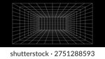 Futuristic perspective grid box. Abstract wireframe with white grid line on black background. Virtual reality landscape in 80s 90s digital style. Vector