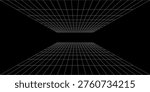 Futuristic perspective grid box. Abstract wireframe with white grid line on black background. Virtual reality landscape in 80s 90s digital style.