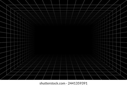 Futuristic perspective grid box. Abstract wireframe with white grid line on black background. Virtual reality landscape in 80s 90s digital style. Vector illustration.