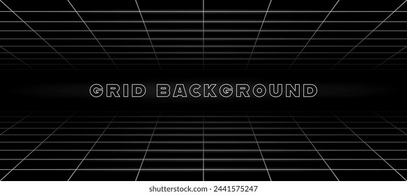 Futuristic perspective grid box. Abstract wireframe with white grid line on black background. Virtual reality landscape in 80s 90s digital style. Vector illustration.