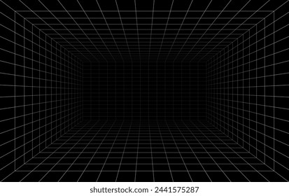 Futuristic perspective grid box. Abstract wireframe with white grid line on black background. Virtual reality landscape in 80s 90s digital style. Vector illustration.