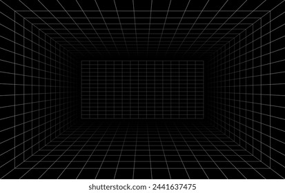 Futuristic perspective grid box. Abstract wireframe with white grid line on black background. Virtual reality landscape in 80s 90s digital style. Vector illustration.