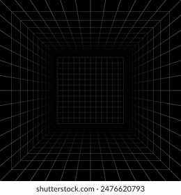 Futuristic perspective grid box. Abstract wireframe with white grid line on black background. Virtual reality landscape in 80s 90s digital style. Vector illustration.