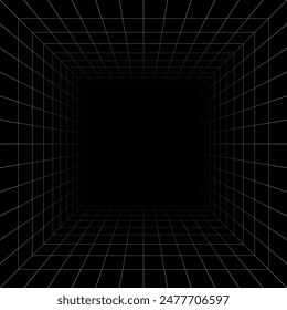 Futuristic perspective grid box. Abstract wireframe with white grid line on black background. Virtual reality landscape in 80s 90s digital style. Vector illustration.