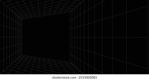 Caja de cuadrícula de perspectiva futurista. Estructura de alambre Abstractas con línea de rejilla blanca sobre fondo negro. Paisaje de realidad virtual en estilo digital de los años 80 y 90. 