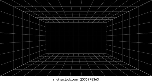 Futuristic perspective grid box. Abstract wireframe with white grid line on black background. Virtual reality landscape in 80s 90s digital style.