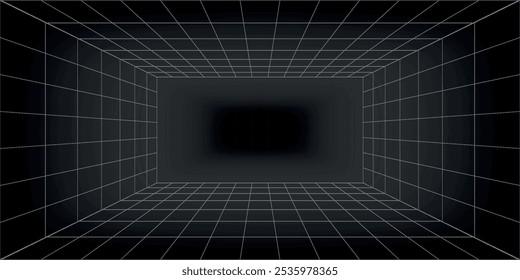 Futuristic perspective grid box. Abstract wireframe with white grid line on black background. Virtual reality landscape in 80s 90s digital style.eps10