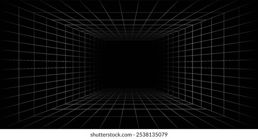 Futuristic perspective grid box. Abstract wireframe with white grid line on black background. Virtual reality landscape in 80s 90s digital style. Vector