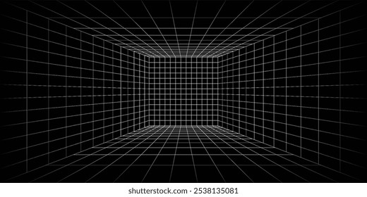 Futuristic perspective grid box. Abstract wireframe with white grid line on black background. Virtual reality landscape in 80s 90s digital style. Vector