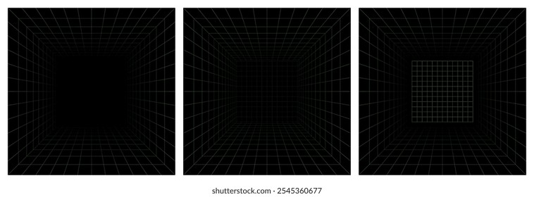 Caixa de grade de perspectiva futurista. Wireframe abstrato com linha de grade verde no plano de fundo preto. Paisagem de realidade virtual em estilo digital dos anos 80 e 90. Ilustração vetorial.