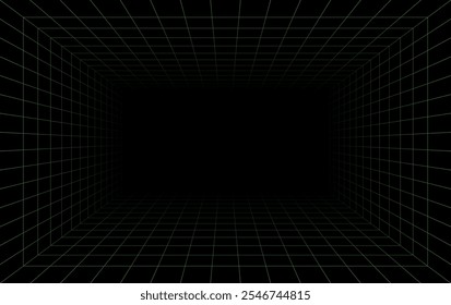 Futuristic perspective grid box. Abstract wireframe with green grid line on black background. Virtual reality landscape in 80s 90s digital style. Vector illustration.