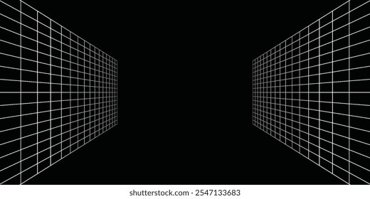 Futuristic perspective grid box. Abstract wireframe with white grid line on black background. Virtual reality landscape in 80s 90s digital style. Vector