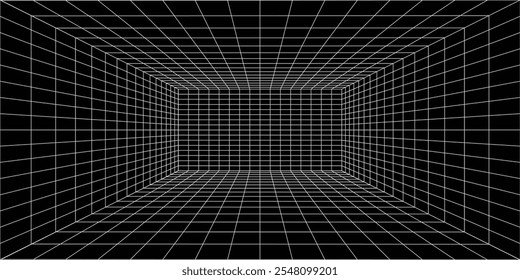 Futuristic perspective grid box. Abstract wireframe with white grid line on black background. Virtual reality landscape in 80s 90s digital style. Vector