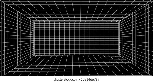 Futuristic perspective grid box. Abstract wireframe with white grid line on black background. Virtual reality landscape in 80s 90s digital style. Vector