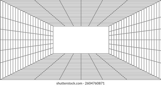 Futuristic perspective grid box. Abstract wireframe with white grid line on black background. Virtual reality landscape in 80s 90s digital style