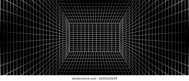 Futuristic perspective grid box. Abstract wireframe with white grid line on black background. Virtual reality landscape in 80s 90s digital style. Vector eps 10