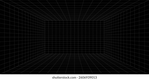 Futuristic perspective grid box. Abstract wireframe with white grid line on black background. Virtual reality landscape in 80s 90s digital style. Vector
