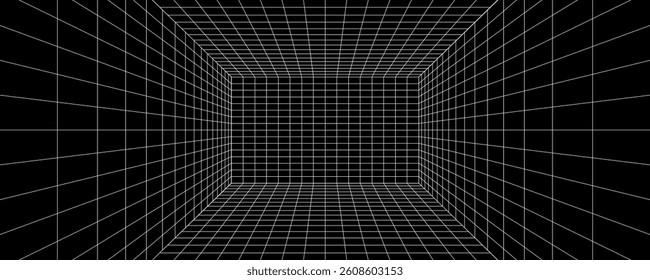 Futuristic perspective grid box. Abstract wireframe with white grid line on black background. Virtual reality landscape in 80s 90s digital style. Vector