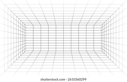 Futuristic perspective grid box. Abstract wireframe with black grid line on white background. Virtual reality landscape in 80s 90s digital style. Vector illustration.