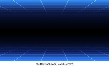 Futuristic perspective grid box. Abstract wireframe with white grid line on black background. Virtual reality landscape in 80s 90s digital style. Vector illustration.