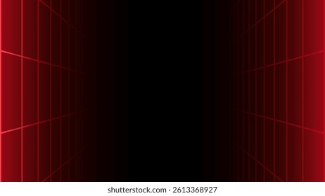 Futuristic perspective grid box. Abstract wireframe with white grid line on black background. Virtual reality landscape in 80s 90s digital style. Vector illustration.