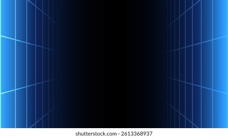 Futuristic perspective grid box. Abstract wireframe with white grid line on black background. Virtual reality landscape in 80s 90s digital style. Vector illustration.