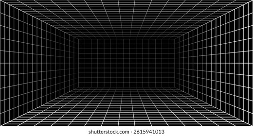 Futuristic perspective grid box. Abstract wireframe with white grid line on black background. Virtual reality landscape in 80s 90s digital style. Vector illustration.