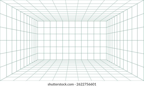 Futuristic perspective grid box. Abstract wireframe with green grid line on white background. Virtual reality landscape in 80s 90s digital style. Vector