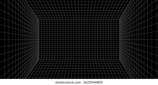 Caja de cuadrícula de perspectiva futurista. Estructura de alambre Abstractas con línea de rejilla blanca sobre fondo negro. Paisaje de realidad virtual en estilo digital de los años 80 y 90. Ilustración vectorial.
