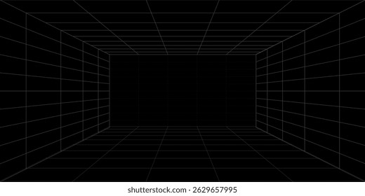 Futuristic perspective grid box. Abstract wireframe with white grid line on black background. Virtual reality landscape in 80s 90s digital style. Vector illustration.