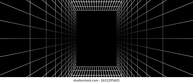 Futuristic perspective grid box. Abstract wireframe with white grid line on black background. Virtual reality landscape in 80s 90s digital style. Vector Illustration