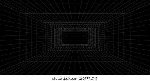 Futuristic perspective grid box. Abstract wireframe with white grid line on black background. Virtual reality landscape in 80s 90s digital style. Vector