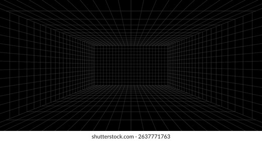 Futuristic perspective grid box. Abstract wireframe with white grid line on black background. Virtual reality landscape in 80s 90s digital style. Vector